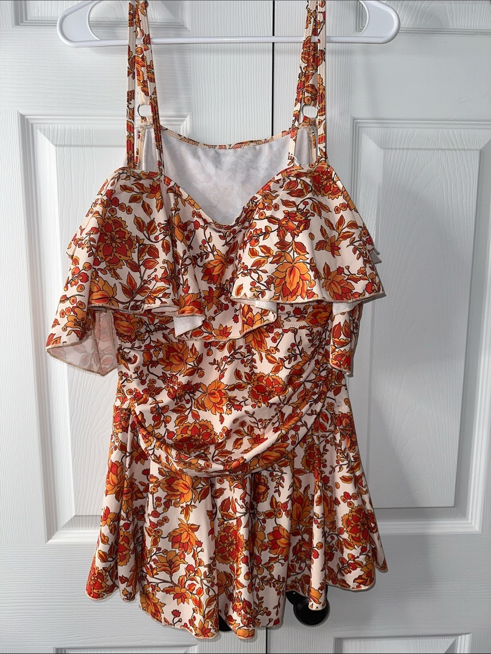 Women’s Floral Ruffle One-Piece Swimsuit in Cream and Orange